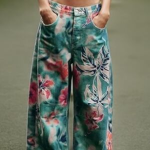 Funky Fun Teal, Pink Floral Wide-Leg Denim Pants WXL